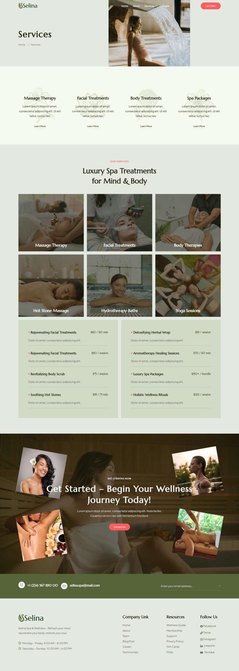May include: A website for Selina Spa & Wellness, showcasing services such as massage therapy, facial treatments, and body therapies. The site includes images of spa treatments and a call to action to begin a wellness journey.