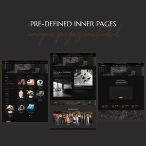 K&ouml;nnte beinhalten: Ein dunkler Website-Design-Mockup mit mehreren Bildschirmanzeigen. Die Bildschirme zeigen verschiedene Produktseiten f&uuml;r Innenarchitektur, darunter M&ouml;bel und Dekoration. Der Text oben lautet "PRE-DEFINED INNER PAGES" und "unique pages included".