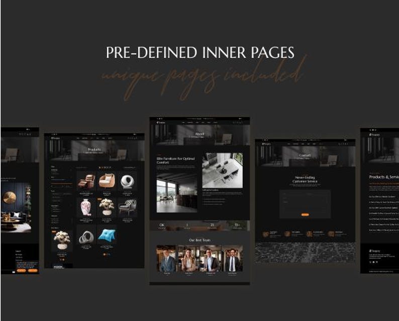 K&ouml;nnte beinhalten: Ein dunkler Website-Design-Mockup mit mehreren Bildschirmanzeigen. Die Bildschirme zeigen verschiedene Produktseiten f&uuml;r Innenarchitektur, darunter M&ouml;bel und Dekoration. Der Text oben lautet "PRE-DEFINED INNER PAGES" und "unique pages included".