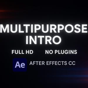 Puede incluir: Fondo oscuro con las palabras "MULTIPURPOSE INTRO" en letras grandes, blancas y brillantes. Debajo, un texto más pequeño dice "FULL HD" y "NO PLUGINS". También está presente el logotipo de After Effects CC.