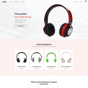 Może przedstawiać: Strona internetowa prezentująca słuchawki. Główny obraz przedstawia czerwono-czarne słuchawki nauszne. Wyświetlane są również inne modele słuchawek w kolorze czarnym, zielonym i białym. Tekst na stronie zawiera "Fine quality fine engineering".