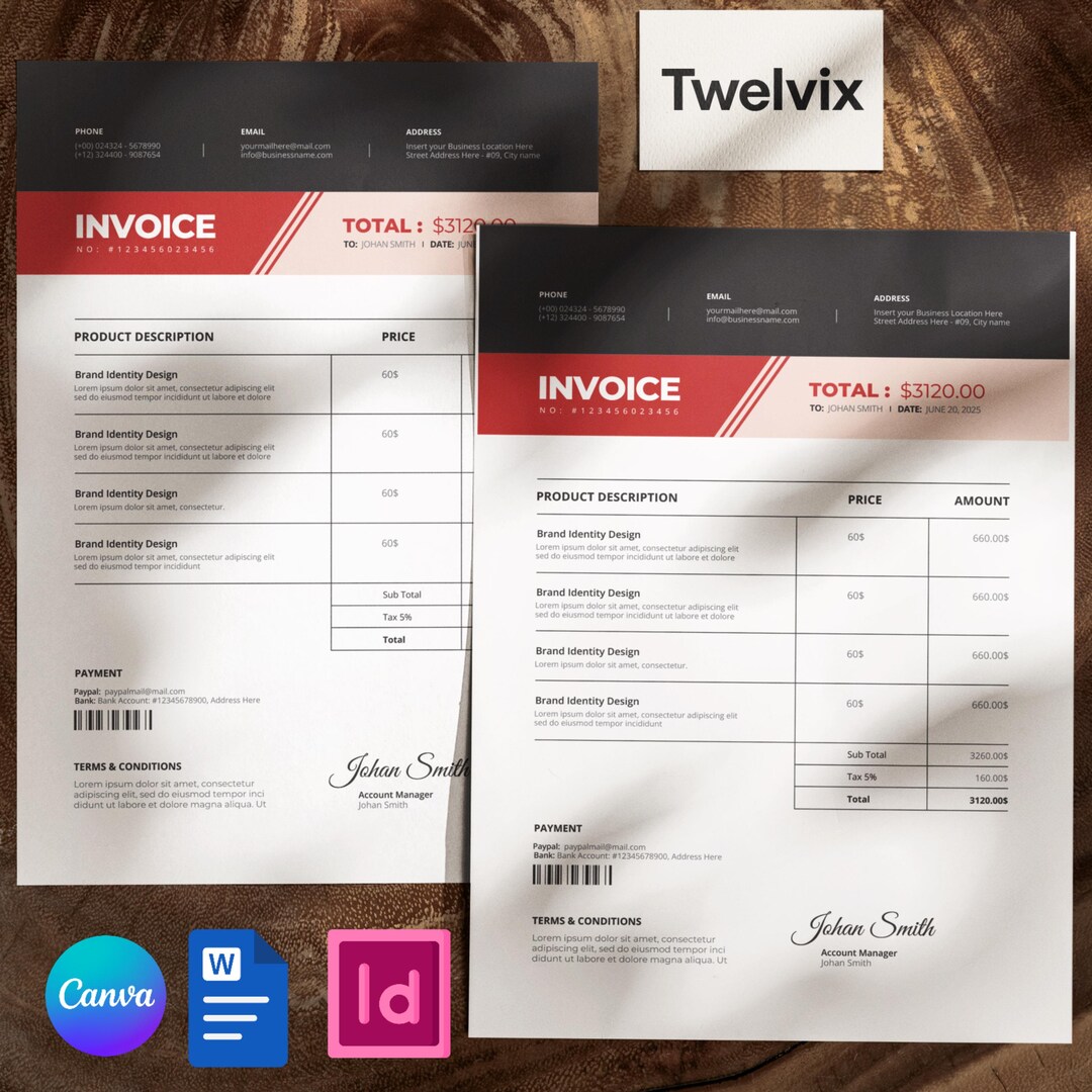 Invoice Template — Editable MS Word, Indesign (INDD/IDML) & Canva Files ...
