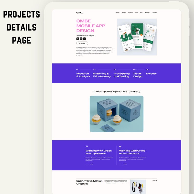 May include: A digital design layout on a tablet, featuring a website design with a mobile app design project titled "OMBE MOBILE APP DESIGN." The page includes text, graphics, and a gallery of work samples. The color scheme is primarily white, purple, and green.