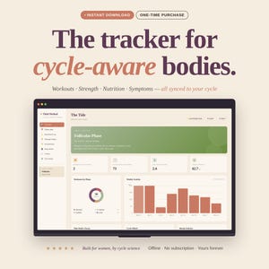 May include: A digital tracker on a black screen with the text "The tracker for cycle-aware bodies." The interface displays data visualizations and the words "Workouts, Strength, Nutrition, Symptoms." The background is a light beige color.