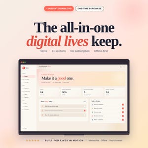 Könnte beinhalten: Ein Laptop-Bildschirm zeigt den Text "The all-in-one digital lives keep." Der Bildschirm zeigt eine digitale Planer-Oberfläche mit dem Wort "Verve" oben. Die Oberfläche enthält Abschnitte für Aufgaben, Fortschritte und aktive Routinen. Der Hintergrund ist ein Pfirsich- und Weiß-Farbverlauf.