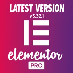 May include: A graphic with a gradient background of pink and purple. The text "LATEST VERSION" and "v3.32.1" are at the top. The word "elementor" is in a cursive font, with "PRO" in a white box at the bottom.