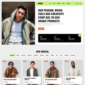 May include: Website homepage featuring a man in a striped hooded jacket. The site promotes unique products with text: "OUR PASSION, WHICH FUELS OUR CREATIVITY EVERY DAY, TO GIVE UNIQUE PRODUCTS." Below are product thumbnails, including overcoats and jackets.