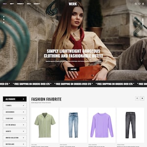 May include: A website homepage for a clothing store, featuring a woman in a tan jacket and red scarf. The text reads "SIMPLY LIGHTWEIGHT GORGEOUS CLOTHING AND FASHIONABLE OUTFIT." Below are product images, including a green striped shirt and blue jeans.