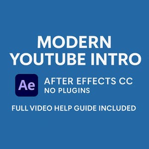 Könnte beinhalten: Blaues Grafikdesign mit weißem Text "MODERN YOUTUBE INTRO". Darunter ein lila-weißes "Ae"-Logo und der Text "AFTER EFFECTS CC NO PLUGINS". Der untere Teil der Grafik lautet "FULL VIDEO HELP GUIDE INCLUDED".