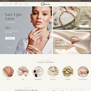 Op de afbeelding: Website met sieraden. Een model draagt gouden sieraden, waaronder ringen en oorbellen. Tekst benadrukt aanbiedingen: "Save Upto $200", "15% Glamour's & Charming Gold Jewels" en "20% Offer Glorious Jewellery". Secties tonen kettingen, ringen, armbanden en meer.
