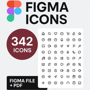 May include: A digital design graphic with the text "FIGMA ICONS" and "342 ICONS". The image includes a collection of black and white icons and the text "FIGMA FILE + PDF". The color palette includes red, purple, blue, and green.