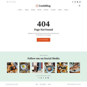 Peut inclure: Une page d'erreur de site web avec le texte "404 Page Not Found" en gros caract&egrave;res gras. La page a un fond blanc avec une section verte en bas, avec des ic&ocirc;nes de m&eacute;dias sociaux et des photos de nourriture. Le logo du site web est en haut.