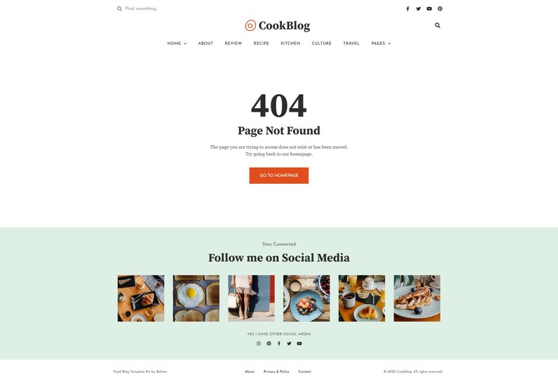 Peut inclure: Une page d'erreur de site web avec le texte "404 Page Not Found" en gros caract&egrave;res gras. La page a un fond blanc avec une section verte en bas, avec des ic&ocirc;nes de m&eacute;dias sociaux et des photos de nourriture. Le logo du site web est en haut.