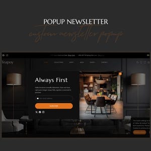 K&ouml;nnte beinhalten: Ein dunkles Website-Popup-Design mit dem Text "POPUP NEWSLETTER" und "custom newsletter popup". Das Popup enth&auml;lt den Text "Always First" und ein E-Mail-Anmeldeformular mit der Schaltfl&auml;che "Subscribe".