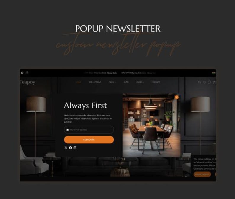 K&ouml;nnte beinhalten: Ein dunkles Website-Popup-Design mit dem Text "POPUP NEWSLETTER" und "custom newsletter popup". Das Popup enth&auml;lt den Text "Always First" und ein E-Mail-Anmeldeformular mit der Schaltfl&auml;che "Subscribe".