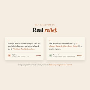 May include: A cream-colored graphic with the text "WHAT CAREGIVERS SAY" and "Real relief." Two white rectangular boxes contain caregiver testimonials. The bottom of the graphic reads "Designed by someone who's been in your chair. Refined by caregivers who tested it."