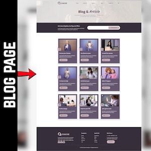 May include: A website blog page layout with a light purple and white color scheme. The page features a header with the text "Blog & Article" and a search bar. Below are several blog post previews with images and titles like "Pursue your dreams."