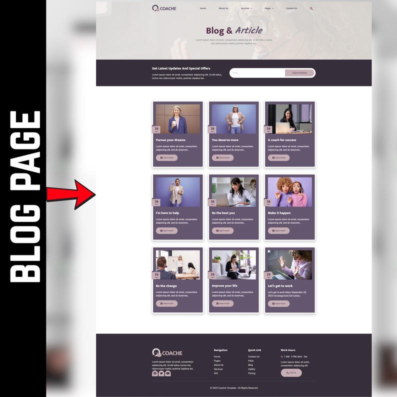 May include: A website blog page layout with a light purple and white color scheme. The page features a header with the text "Blog & Article" and a search bar. Below are several blog post previews with images and titles like "Pursue your dreams."