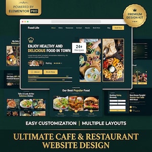 May include: A website design for a cafe and restaurant, featuring a dark teal background with multiple layout options. The design includes images of food, a booking form, and the text "Enjoy Healthy and Delicious Food in Town."