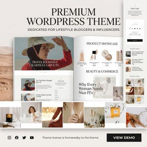May include: A website layout with the text "PREMIUM WORDPRESS THEME" and "DEDICATED FOR LIFESTYLE BLOGGERS & INFLUENCERS." The layout includes images of beauty products, travel journals, and the text "BEAUTY & COMMERCE."