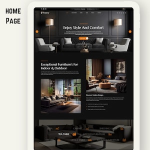 K&ouml;nnte beinhalten: Ein Website-Homepage-Design mit Innenm&ouml;beln. Die Seite zeigt Wohnzimmersets, St&uuml;hle und Tische. Der Text enth&auml;lt "Enjoy Style And Comfort" und "Exceptional Furniture's For Indoor & Outdoor."