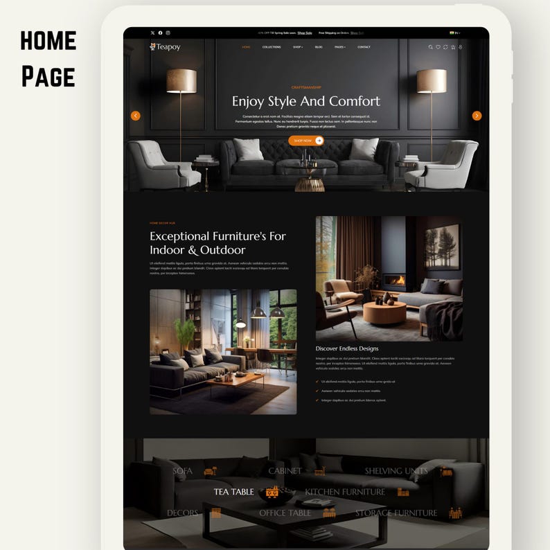 K&ouml;nnte beinhalten: Ein Website-Homepage-Design mit Innenm&ouml;beln. Die Seite zeigt Wohnzimmersets, St&uuml;hle und Tische. Der Text enth&auml;lt "Enjoy Style And Comfort" und "Exceptional Furniture's For Indoor & Outdoor."