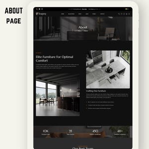 K&ouml;nnte beinhalten: Eine Webseite auf einem Tablet zeigt den "&Uuml;ber uns"-Bereich eines M&ouml;belgesch&auml;fts. Die Seite enth&auml;lt Bilder von M&ouml;beln, Text und Navigationslinks. Der Text enth&auml;lt "Elite Furniture For Optimal Comfort" und "Crafting Fine Furniture."