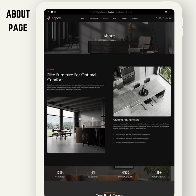 K&ouml;nnte beinhalten: Eine Webseite auf einem Tablet zeigt den "&Uuml;ber uns"-Bereich eines M&ouml;belgesch&auml;fts. Die Seite enth&auml;lt Bilder von M&ouml;beln, Text und Navigationslinks. Der Text enth&auml;lt "Elite Furniture For Optimal Comfort" und "Crafting Fine Furniture."