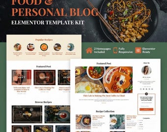 Kit de plantillas de Elementor para blogs de comida, tema de WordPress para estilo de vida personal, creador de sitios web de recetas de cocina, diseño de diario de viaje, configuración profesional de blogs