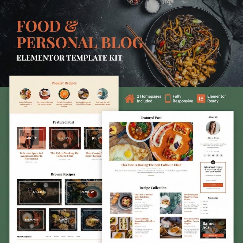 A premium Elementor Template Kit designed for modern food blogs, personal diaries, and travel journals. The layout features a dark, stylish background showcasing culinary photography, with elegant orange typography highlighting Food and Personal Blog. It includes beautifully structured recipe cards, featured posts, about me sections, and clean category grids, perfect for a professional WP website.