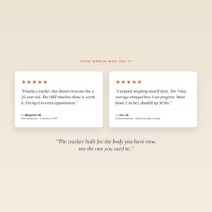 May include: A light beige background with text and two white cards. The cards contain customer testimonials with star ratings. The text reads "FROM WOMEN WHO USE IT" and "The tracker built for the body you have now, not the one you used to."