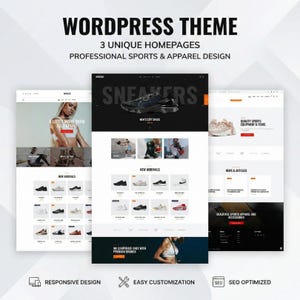 May include: A website design displaying a WordPress theme with three unique homepages. The theme is for professional sports and apparel, featuring responsive design, easy customisation, and SEO optimisation. The design includes images of trainers and sports apparel.