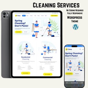Könnte beinhalten: Ein Tablet und ein Smartphone zeigen eine Website für Reinigungsdienste. Die Website zeigt Illustrationen von putzenden Personen mit dem Text "Spring Cleaning? Don't Panic!" und "Residential Cleaning" und "Commercial Cleaning".