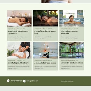 May include: Website design for Selina Spa & Wellness, showcasing a blog post section with images promoting relaxation and self-care. The site includes contact details and links to resources and social media.