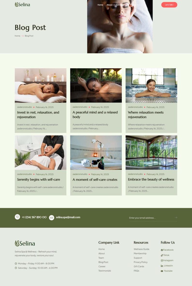 May include: Website design for Selina Spa & Wellness, showcasing a blog post section with images promoting relaxation and self-care. The site includes contact details and links to resources and social media.
