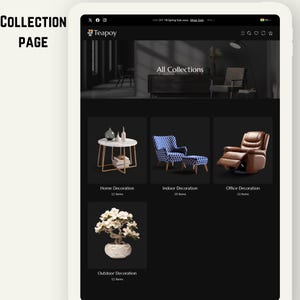 K&ouml;nnte beinhalten: Ein Screenshot einer Website mit Wohnaccessoires. Die Kategorien umfassen Home, Indoor, Office und Outdoor Decoration. Jede Kategorie zeigt eine Auswahl an Produkten, darunter ein Couchtisch, ein Sessel und ein Bonsai-Baum. Die Website ist von 'Teapoy'.