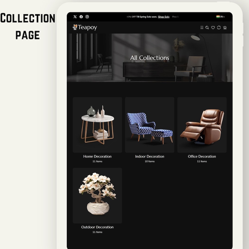K&ouml;nnte beinhalten: Ein Screenshot einer Website mit Wohnaccessoires. Die Kategorien umfassen Home, Indoor, Office und Outdoor Decoration. Jede Kategorie zeigt eine Auswahl an Produkten, darunter ein Couchtisch, ein Sessel und ein Bonsai-Baum. Die Website ist von 'Teapoy'.
