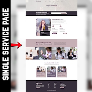 May include: A website page design with a purple and white color scheme. The page includes the text "Single Services", "Personalized Coach", and "Reach For Your Goals With Our Content Creator Coach". The page also features images of people and a section titled "Get Started With Coache".