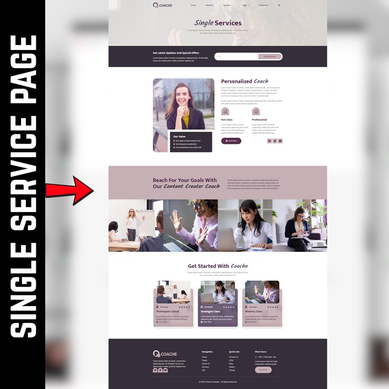 May include: A website page design with a purple and white color scheme. The page includes the text "Single Services", "Personalized Coach", and "Reach For Your Goals With Our Content Creator Coach". The page also features images of people and a section titled "Get Started With Coache".