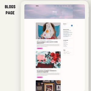May include: A website design featuring a blog page layout. The page includes a header with the text "Blog", a search bar, recent posts, categories, and tags. The main content displays blog post previews with titles and images.