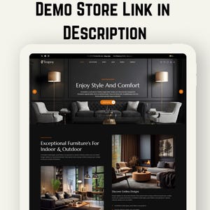 K&ouml;nnte beinhalten: Ein Website-Mockup f&uuml;r ein M&ouml;belgesch&auml;ft. Der Text "DEMO STORE LINK IN DESCRIPTION" wird oben angezeigt. Die Website zeigt Innenarchitektur mit den Texten "Enjoy Style And Comfort" und "Exceptional Furniture's For Indoor & Outdoor."