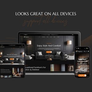 K&ouml;nnte beinhalten: Eine Website wird auf einem Tablet, Laptop und Smartphone angezeigt. Sie zeigt ein dunkles Thema mit dem Text "Enjoy Style And Comfort". Das Bild enth&auml;lt auch den Text "LOOKS GREAT ON ALL DEVICES" und "Support all devices."