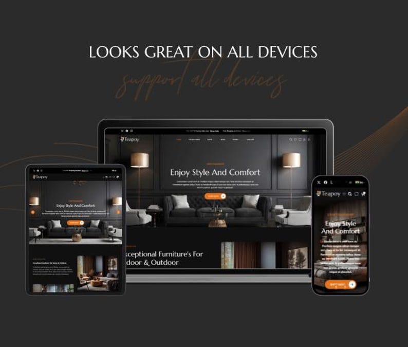 K&ouml;nnte beinhalten: Eine Website wird auf einem Tablet, Laptop und Smartphone angezeigt. Sie zeigt ein dunkles Thema mit dem Text "Enjoy Style And Comfort". Das Bild enth&auml;lt auch den Text "LOOKS GREAT ON ALL DEVICES" und "Support all devices."