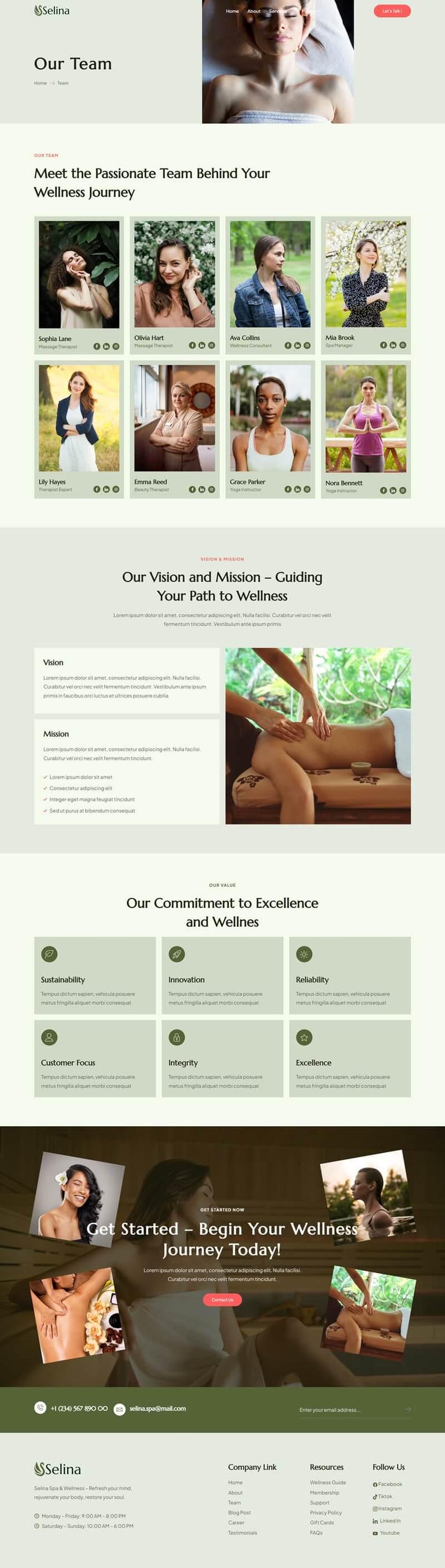 May include: Website homepage for Selina Spa & Wellness, showcasing team members, mission statements, and wellness services. Features images of spa treatments and an invitation to start a wellness journey.