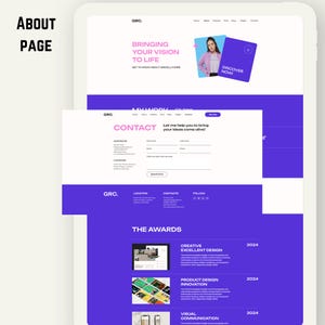 May include: A digital tablet displaying a website design with a purple and white color scheme. The website includes sections for "About," "Contact," and "Awards," with text such as "Bringing Your Vision to Life" and "Discover Now!"