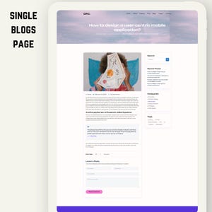 May include: A website design for a blog page, featuring the text "How to design a user-centric mobile application?" in a header. The page includes a search bar, recent posts, categories, and tags. The words "SINGLE BLOGS PAGE" are in the top left corner.
