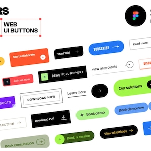 Puede incluir: Una colección de más de 50 botones de interfaz de usuario web en varios colores y diseños. Los botones incluyen texto como "Suscribirse", "Descargar ahora" y "Nuestras soluciones". La imagen también incluye el texto "HOVERS 50+ WEB UI BUTTONS" y "COMPONENTS VARIANTS IN FIGMA".