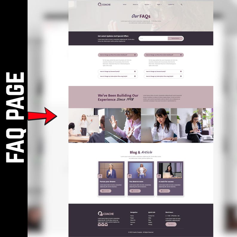 May include: A website page with the text "Our FAQs" at the top. The page includes a search bar, links, and sections with the text "We've Been Building Our Experience Since 1998" and "Blog & Article". The website's logo is visible.
