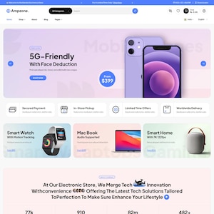 Może przedstawiać: Strona główna witryny Ampzone, sklepu z elektroniką. Zawiera fioletowy smartfon, smartwatch i MacBooka. Tekst podkreśla telefony 5G, bezpieczną płatność i dostawę na całym świecie. Cena od 1600 zł.