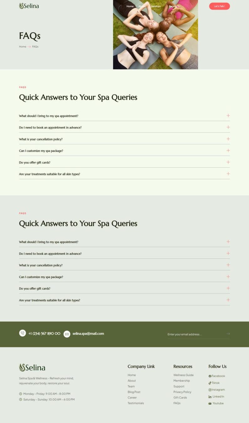 May include: A website for Selina Spa & Wellness, featuring a "FAQs" page. The page includes a photo of people doing yoga, and a list of frequently asked questions about spa appointments, cancellation policies, and gift cards.